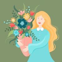 fumetto illustrazione primavera vieni. donna che tiene un grande mazzo di fiori primaverili. design piatto su sfondo bianco isolato. vettore