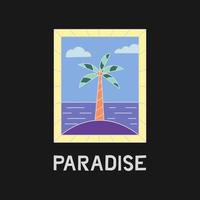 Paradiso. distintivo con mare e palma. illustrazione vettoriale piatta disegnata a mano.
