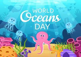 illustrazione del fumetto della giornata mondiale dell'oceano con paesaggi sottomarini, vari animali pesci, coralli e piante marine dedicate ad aiutare a proteggere o preservare vettore