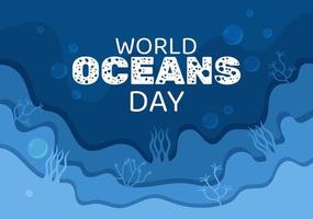 illustrazione del fumetto della giornata mondiale dell'oceano con paesaggi sottomarini, vari animali pesci, coralli e piante marine dedicate ad aiutare a proteggere o preservare vettore