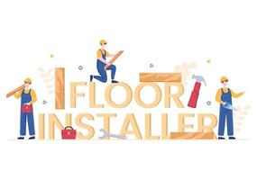 illustrazione del fumetto di installazione del pavimento con riparatore, posa di parquet professionale, pavimenti in legno o piastrelle nel progetto di ristrutturazione della pavimentazione della casa vettore