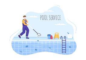 addetto al servizio di piscina con scopa, aspirapolvere o rete per la manutenzione e la pulizia dello sporco nell'illustrazione piana del fumetto