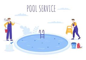 addetto al servizio di piscina con scopa, aspirapolvere o rete per la manutenzione e la pulizia dello sporco nell'illustrazione piana del fumetto