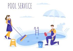addetto al servizio di piscina con scopa, aspirapolvere o rete per la manutenzione e la pulizia dello sporco nell'illustrazione piana del fumetto vettore