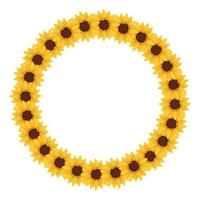 ghirlanda di girasole gialla. cornice rotonda, graziosi fiori luminosi con cuori e foglie scuri. decorazioni festive per matrimoni, vacanze, cartoline, poster e design. illustrazione piatta vettoriale