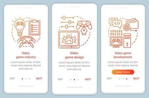 modello vettoriale dello schermo della pagina dell'app mobile per l'onboarding dell'industria dei videogiochi. progettazione, sviluppo di giochi per computer. procedura dettagliata del sito Web con illustrazioni lineari. ux, ui, gui concetto di interfaccia per smartphone