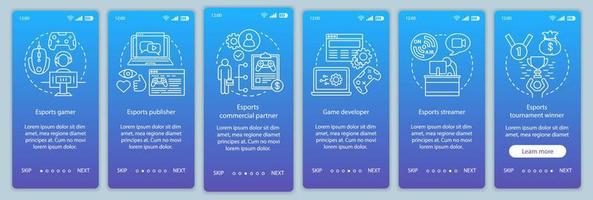 modello vettoriale dello schermo della pagina dell'app mobile per l'onboarding di eSports. torneo di videogiochi. competizione di gioco. procedura dettagliata del sito Web con illustrazioni lineari. ux, ui, gui concetto di interfaccia per smartphone