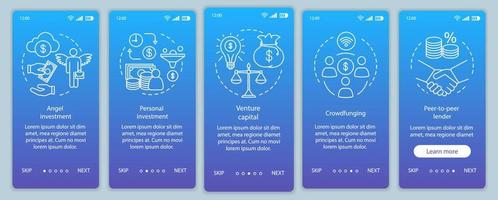 modello vettoriale dello schermo della pagina dell'app mobile per l'onboarding dell'investimento di avvio. finanziamento aziendale, budgeting. procedura dettagliata del sito Web con illustrazioni lineari. ux, ui, gui concetto di interfaccia per smartphone