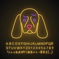 cocker spaniel simpatico personaggio kawaii neon light. cane con muso accigliato. animale triste stupito. emoji divertenti, emoticon. icona luminosa con alfabeto, numeri, simboli. illustrazione vettoriale isolato