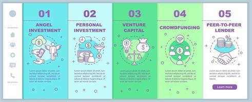 modello vettoriale di pagine Web mobili per l'onboarding di investimenti di avvio. fondo aziendale. idea di interfaccia del sito Web per smartphone reattiva con illustrazioni lineari. schermate dei passaggi della procedura guidata della pagina Web. concetto di colore