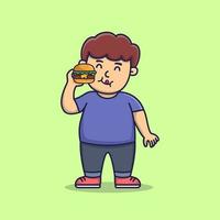 ragazzo carino felice mangia hamburger, ragazzo che mangia cibo spazzatura, stile cartone animato piatto vettore
