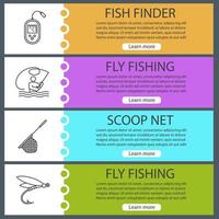 set di modelli di banner web di pesca. pesca a mosca, ecoscandaglio, guadino, esca per insetti. voci di menu del sito web. concetti di progettazione di intestazioni vettoriali