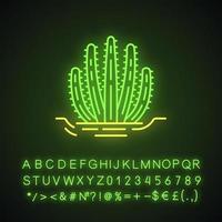 cactus a canne d'organo nell'icona della luce al neon terra. pitahaya. pianta originaria dell'america. flora esotica tropicale. segno luminoso con alfabeto, numeri e simboli. illustrazione vettoriale isolato