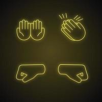 set di icone di luce al neon emoji con gesti della mano. applausi, congratulazioni, implorazioni gesticolanti. pugni destro e sinistro, mani a coppa. segni luminosi. illustrazioni vettoriali isolate
