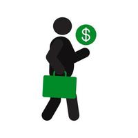 persona che tiene valigetta e icona della siluetta del segno del dollaro. uomo d'affari. stipendio. illustrazione vettoriale isolata