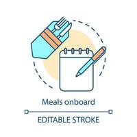 icona del concetto di pasti a bordo. illustrazione della linea sottile dell'idea del servizio della nave da crociera. stanza del cuoco della nave. posate e quaderno. bar della nave da crociera, menu del ristorante. disegno di contorno isolato vettoriale. tratto modificabile vettore
