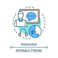 icona del concetto di istruttore. educatore, tutore, insegnante. studiando l'illustrazione della linea sottile dell'idea. lingua, corsi di public speaking. capacità di comunicazione. disegno di contorno isolato vettoriale. tratto modificabile vettore