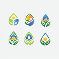 insieme del logo della foglia del sole della goccia d'acqua. logo di ecologia della natura, simbolo della pianta, energia solare, icona di goccia d'acqua. logo foglia goccia d'acqua