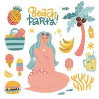 set di graziosi elenet estivi - wonab in bikini, palma, borsa da spiaggia, corallo, cibo, frutta, gelato. luminosa collezione estiva di elementi di scrapbooking per beach party.vector illustrazione disegnata a mano piatta vettore