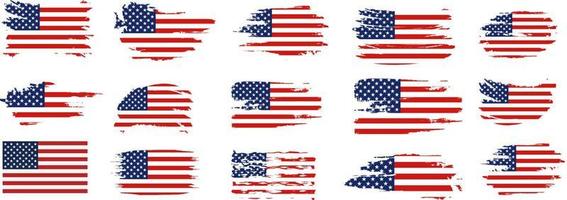 bandiera degli stati uniti d'america, set di sfondo pennello. insieme di vettore della spazzola della bandiera degli stati uniti. felice 4 luglio biglietto di auguri per la festa dell'indipendenza degli Stati Uniti. lettering e bandiera americana pennello grunge vernice sfondo.