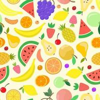 modello senza cuciture di frutta. angurie succose, arance, banane, uva, fragole, ananas, bacche in stile cartone, piatto, disegnare a mano. deliziosa stampa per il design della superficie, carta digitale vettore