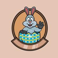 mascotte coniglio cartone animato sul logo delle uova. tema di buona pasqua. vettore