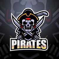 design del logo della mascotte esport del teschio dei pirati vettore