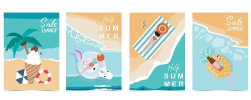 cartolina per feste estive con piscina e spiaggia sullo sfondo del giorno vettore
