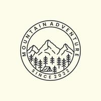 montagna con badge e line art style logo icona modello design.adventure,tenda,fiume,albero,illustrazione vettoriale