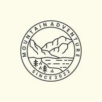 avventura in montagna con design del modello dell'icona del logo in stile distintivo e line art.fiume, albero, illustrazione vettoriale