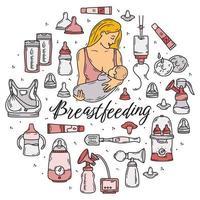 dispositivi per l'allattamento al seno con latte o latte artificiale, icone vettoriali rosa con una donna e un bambino. biberon, sterilizzatore, borse e reggiseno durante l'allattamento. illustrazione in stile cartone animato