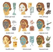 tipi di diverse maschere cosmetiche infografica vettoriale con volti femminili. un set di detergenti per il viso con argilla, alghe, collagene e bolle. tubetti con crema e gel per la routine di bellezza.