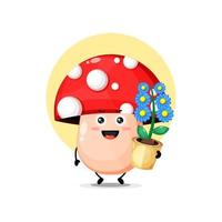 simpatico personaggio a forma di fungo che trasporta fiori vettore