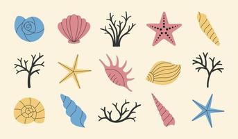 set di vari semplici conchiglie, stelle marine e coralli. vettore
