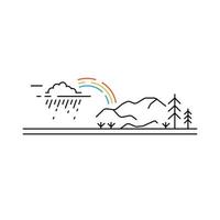 tempo in montagna. nuvola di pioggia e contorno arcobaleno. vista del paesaggio del concetto di line art. Illustrazione vettoriale su sfondo bianco
