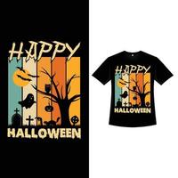 design t-shirt a colori retrò di halloween con una silhouette di albero morto. design di abbigliamento alla moda di Halloween con un cimitero, un gatto e una silhouette di un fantasma. design spaventoso della maglietta di colore vintage per l'evento di halloween. vettore