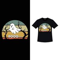 design di t-shirt a colori retrò alla moda di halloween con un fantasma divertente e alberi morti. t-shirt spaventosa di halloween con colore vintage e un fantasma divertente. design di moda spaventoso per halloween. vettore