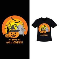 design di t-shirt di colore nero di halloween con una lanterna di zucca. disegno della siluetta dell'elemento di halloween con un albero morto e una lapide spaventosa. design spettrale della maglietta per halloween. vettore