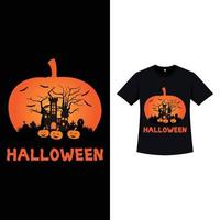 t-shirt di colore nero di halloween con una casa stregata e colore vintage. disegno della siluetta dell'elemento di halloween con alberi morti, zucca e calligrafia. design spettrale della maglietta per l'evento di halloween. vettore