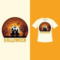 design t-shirt retrò elegante di halloween con silhouette di alberi morti e una casa infestata. t-shirt spaventosa di halloween con colori e calligrafia vintage. design di moda spaventoso per halloween. vettore