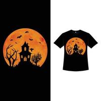 t-shirt con design retrò a colori di Halloween a forma di luna e una casa stregata con lapidi. t-shirt spaventosa di halloween con colori vintage e casa spaventosa. design di moda spaventoso per halloween.