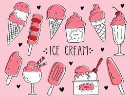 set di scarabocchi disegnati a mano con diversi tipi di gelato cono di cialda gelato, coppa di gelato, ghiacciolo, gelato. illustrazione vettoriale in stile schizzo per menu bar, biglietti, decorazioni per biglietti di compleanno.
