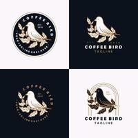 modello di progettazione logo vintage uccello caffè. uccello con illustrazione di foglia di caffè. vettore