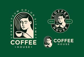 donna che beve una tazza di caffè. concetto di design del logo per la caffetteria. vettore