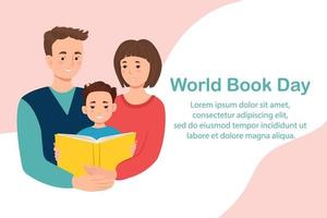 banner della giornata mondiale del libro, genitori che leggono insieme al bambino, illustrazione vettoriale