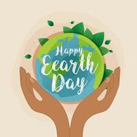 felice giorno della Terra. giornata della terra, 22 aprile con il globo, la mappa del mondo e le mani per salvare l'ambiente, salvare il pianeta verde pulito, concetto di ecologia. carta per la giornata mondiale della terra. disegno vettoriale