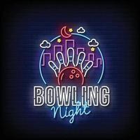 bowling notte insegne al neon stile testo vettore