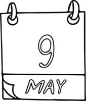 calendario disegnato a mano in stile doodle. 9 maggio. Giornata mondiale degli uccelli migratori, europa, data. icona, elemento adesivo per il design. pianificazione, vacanza d'affari vettore