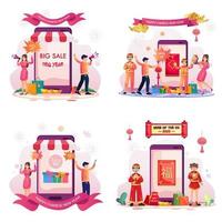 concetto di acquisto, vendite e sconti del capodanno cinese. con ragazza e ragazzo che tengono il megafono vicino al grande smartphone. vettore piatto