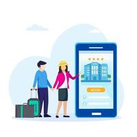 prenotazione alberghiera online. viaggiare facilmente con le app di prenotazione online. modello vettoriale piatto